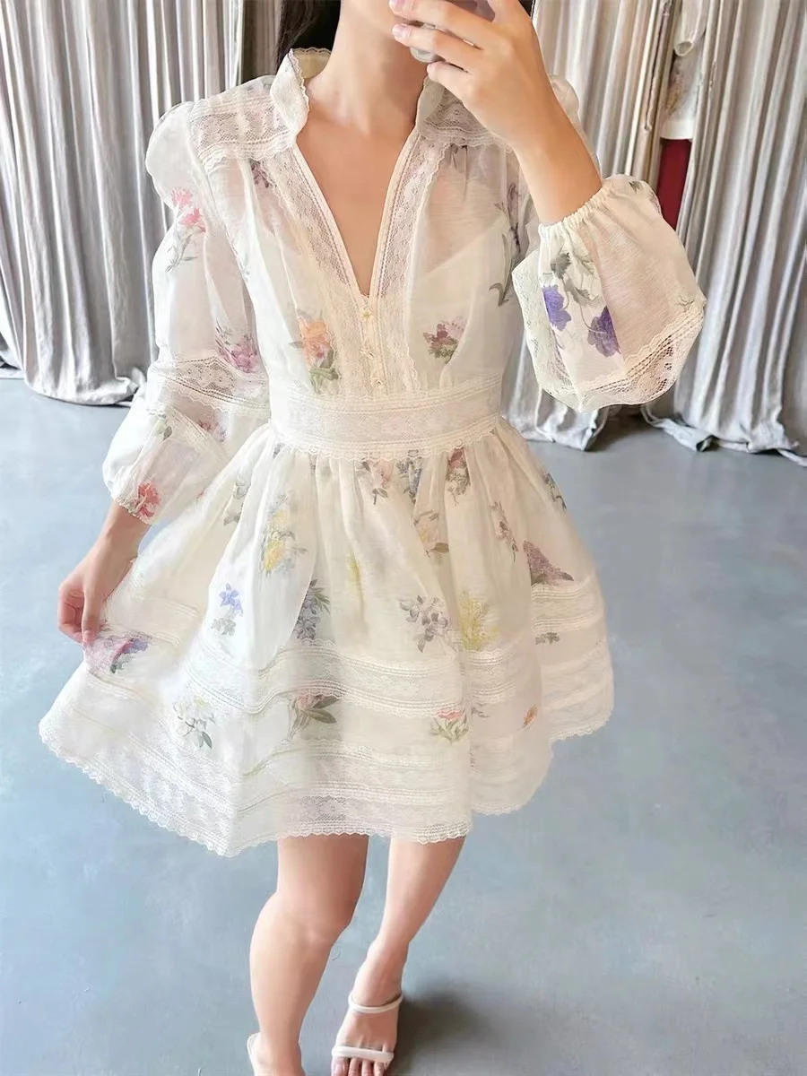 Light luxury high-end fairy like silk linen lace patchwork print V-neck lantern sleeves sweet vacation dress