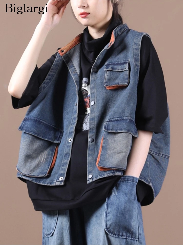 

Denim Oversized Autumn Sleeveless Vests Coat Women Loose Pleated Fashion Retro Ladies Cropped Vests Jackets Casual Woman Coats