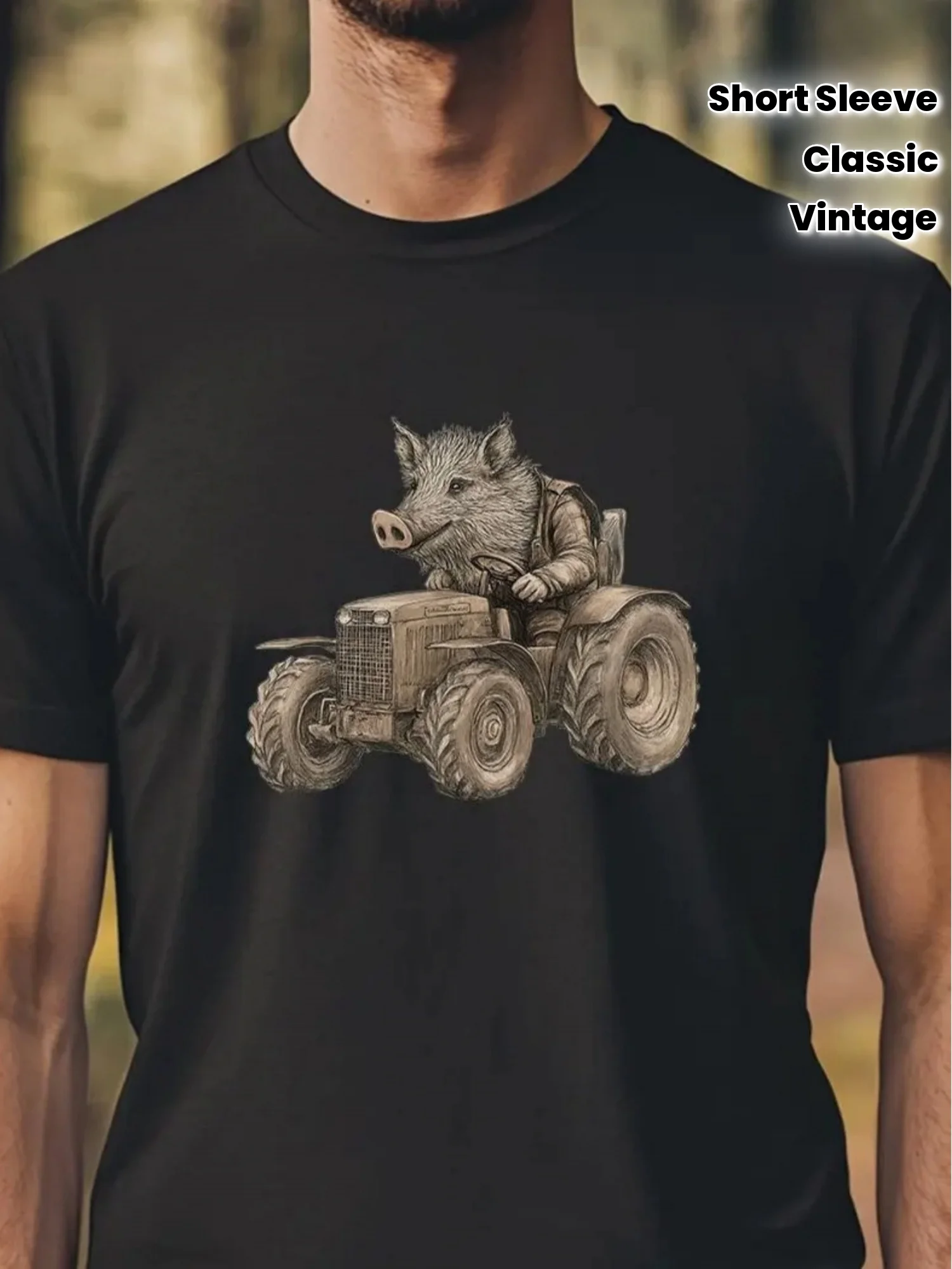 

Wild Boar Driving Tractor Graphic Tee Vintage Style Short Sleeve Cotton T Shirt Farmer Gift