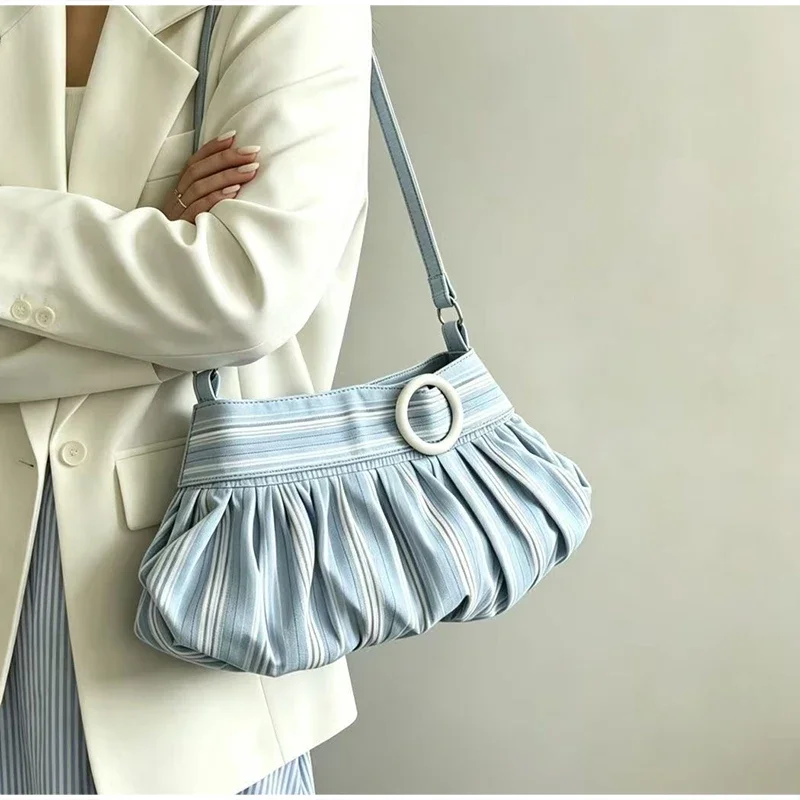 Gestreifte, gepunktete, plissierte Umhängetasche, koreanische süße, niedliche Damen-Umhängetasche, lässige Pendler-Geldbörse, leichte Handtasche – Detail 8