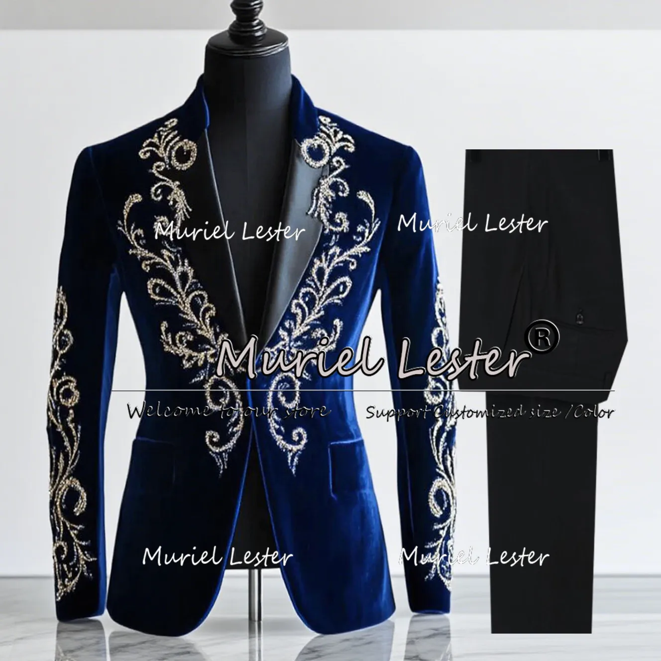 

Crystals Beading Suits Men 2 Pieces Sets Black Peaked Label Velvet Groom Party Blazers Customized Man Banquet Party Tuxeods 2026