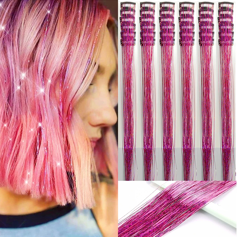 Clip in Hair Tinsel Kit 6Pcs Glitter Fairy Tinsel Hair Extensions 20Inch Shiny Hair Tinsel Heat Resistant Festival Gift for Girl