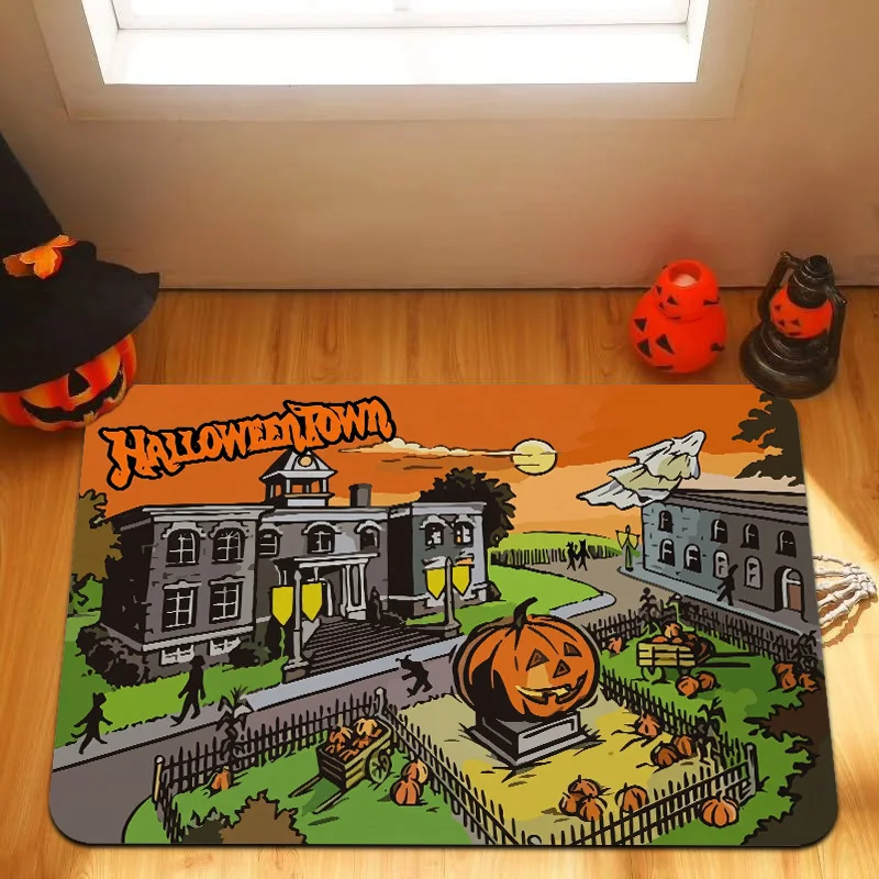 1pc Halloween Town Retro Cartoon Entrance Mat, Fleece Thickened Material, 0.4 Inch Thick, Suitable for Entryway And Living Roo