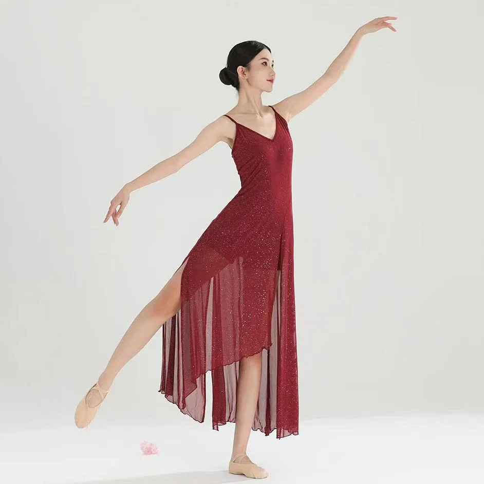 Vestido de Práctica de Ballet Clásico Moderno, Color Rojo Vino, con Tirantes Brillantes Elásticos, Vestidos Brillantes para Niñas, Disfraz de Danza para Competencia