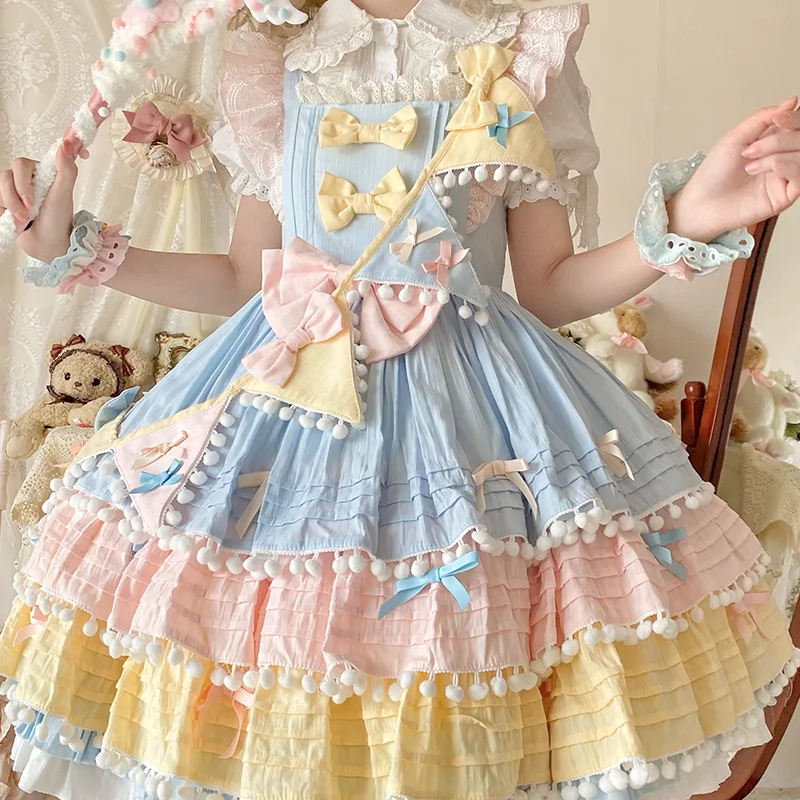 Nonsar lolita querida vestido de bolo colorido feminino doce arco bola de pele borla guarnição três camadas estilo jsk princesa vestidos de festa