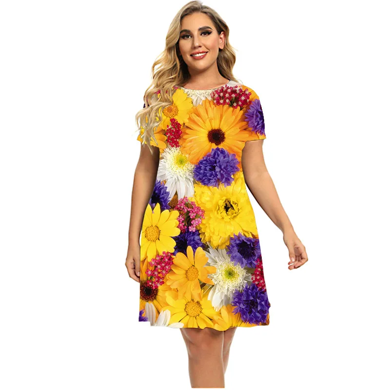 Rose Flower Print Dresses Summer For Woman Mini Loose Dress Casual Short Sleeve O-Neck A-Line Dress Plus Size Women Clothing 6XL