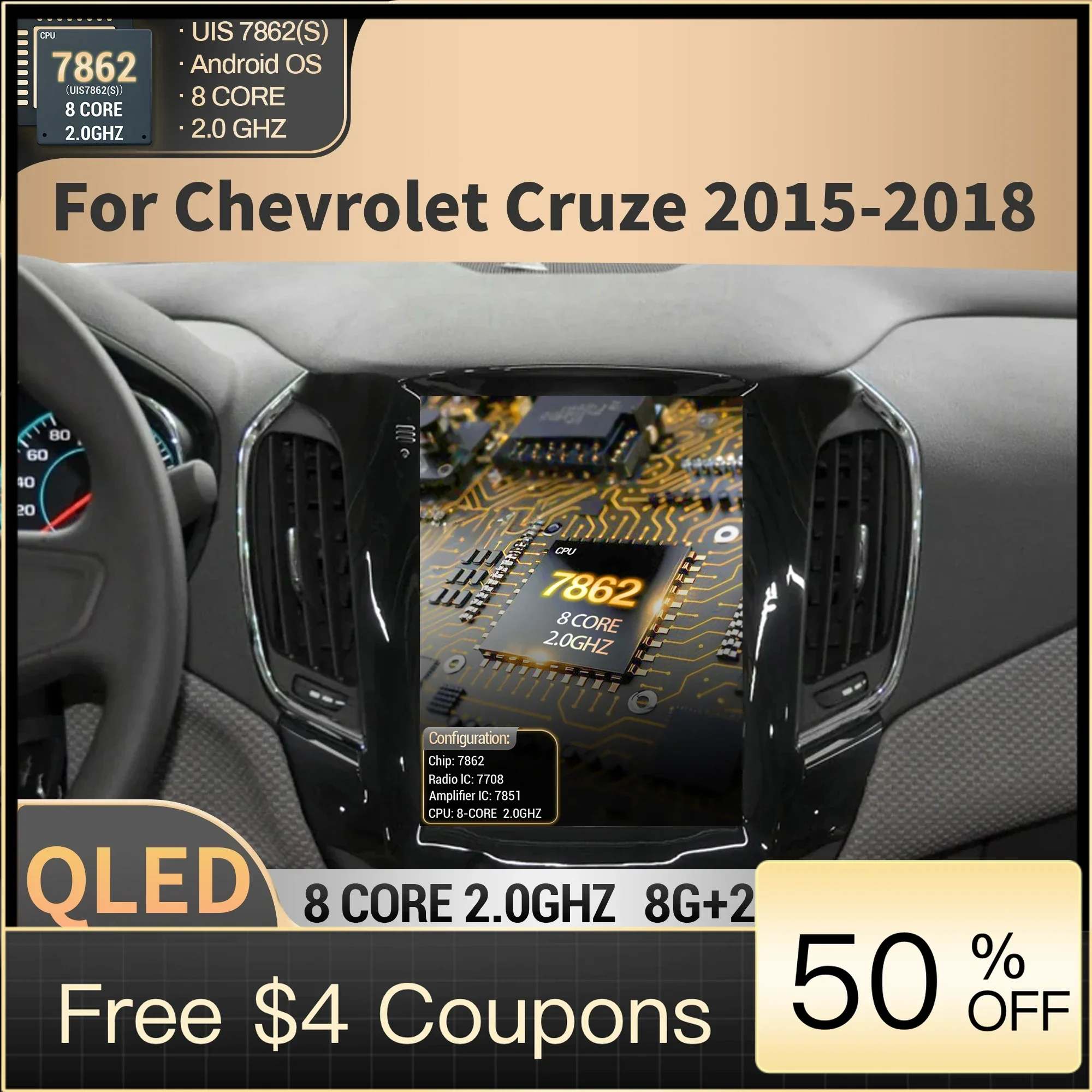 9.7 بوصة لسيارة شيفروليه كروز 2015 2016 2017 2018 راديو السيارة الوسائط المتعددة اللاسلكية BT Carplay أندرويد 4G نظام تحديد المواقع رئيس وحدة شاشة QLED #1