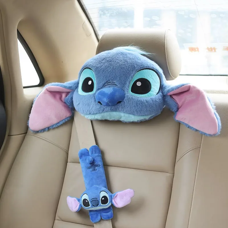 Disney Anime Stitch Car Headrest Neck Pillow Stitch Universal Seat Lumbar Safety Belt Cover Auto Interior Accessory Holiday Gift