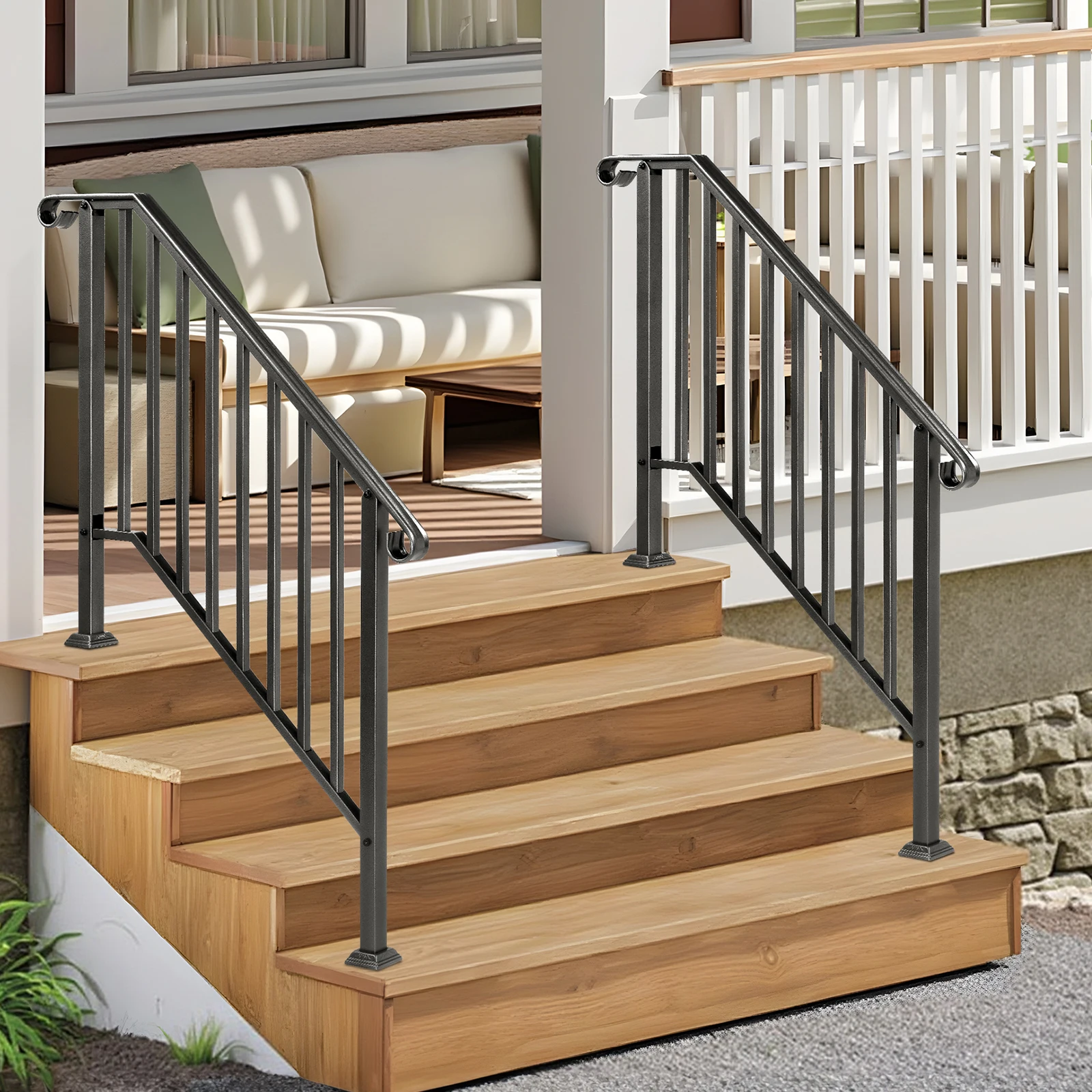 

Matte Black Outdoor 3 Level Iron Handrail,Garden staircase handrail with curved design,for gardens, residential buildings,office