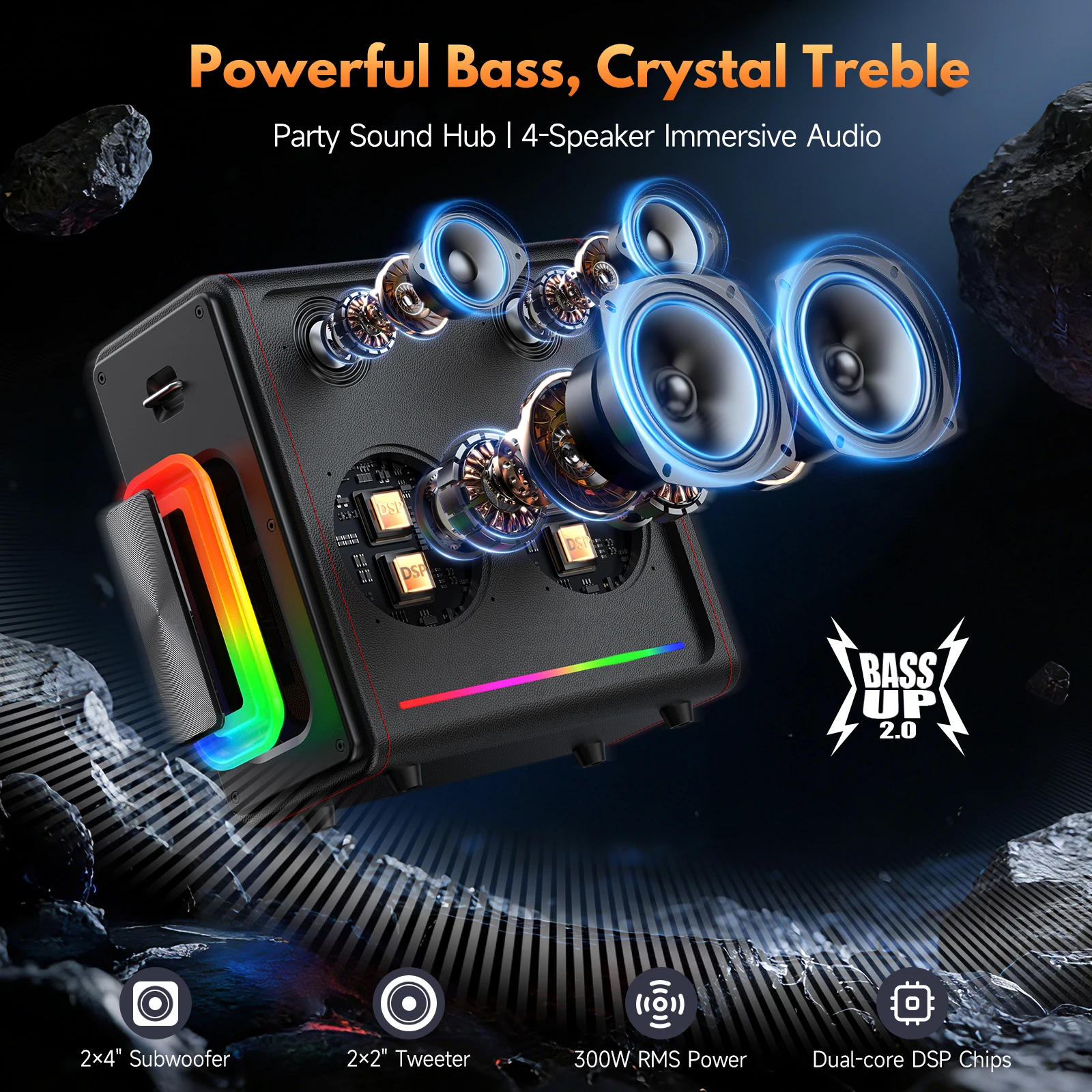 MS78 Karaoke Machine with 2 Wireless Mics | Bluetooth 5.3 Speaker with Bass/Treble Control & Pitch Correction | PA System