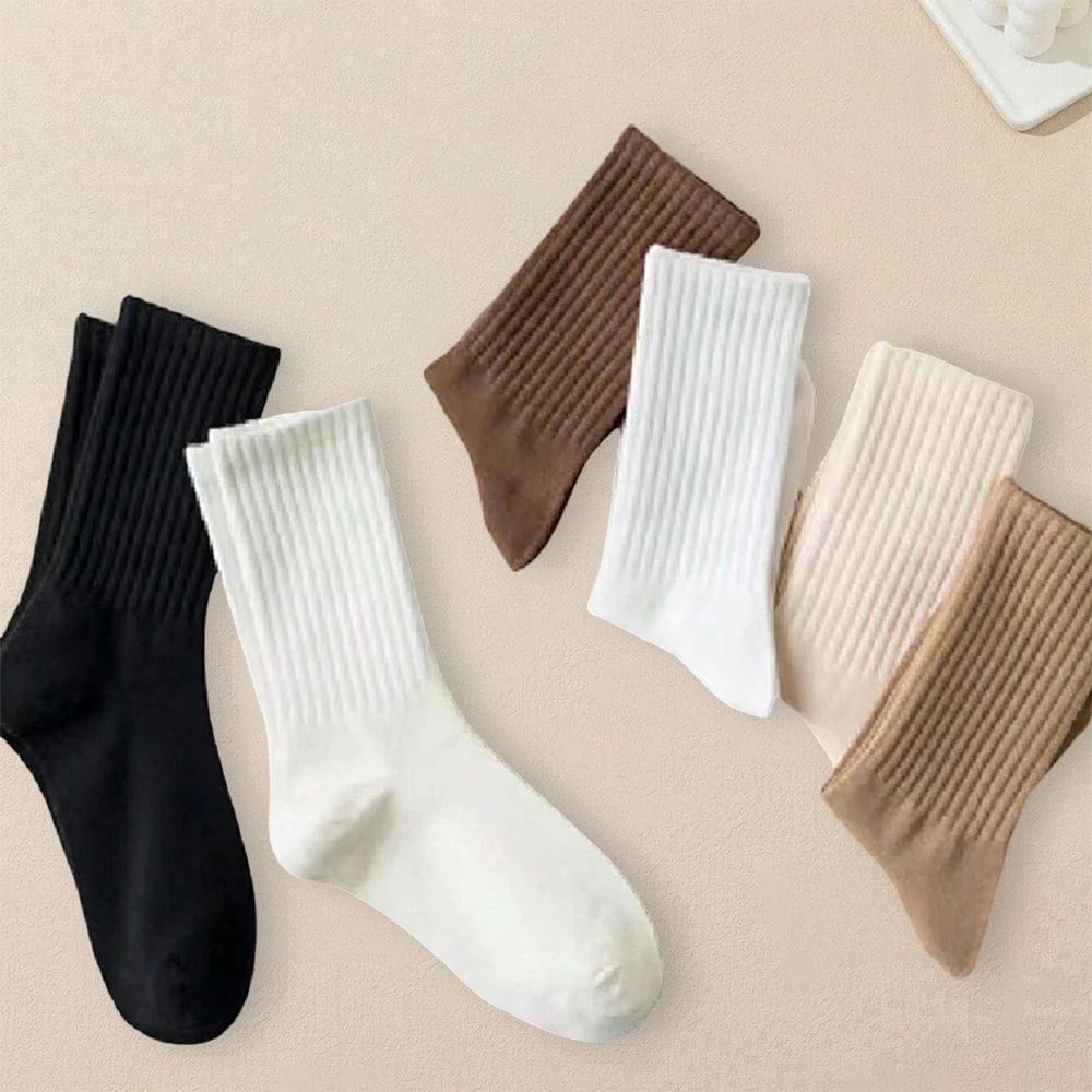 6 Pairs Women Solid Color Medium Length Socks Fashionable Trendy Multi-color Versatile Comfortable Breathable Casual Girls Socks