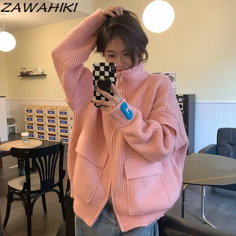 

ZAWAHIKI New Arrive Loose Solid Knitted Fashion Korean Cardigan Tops Chic Designer Zipper Turtleneck Versatile Sweater Women