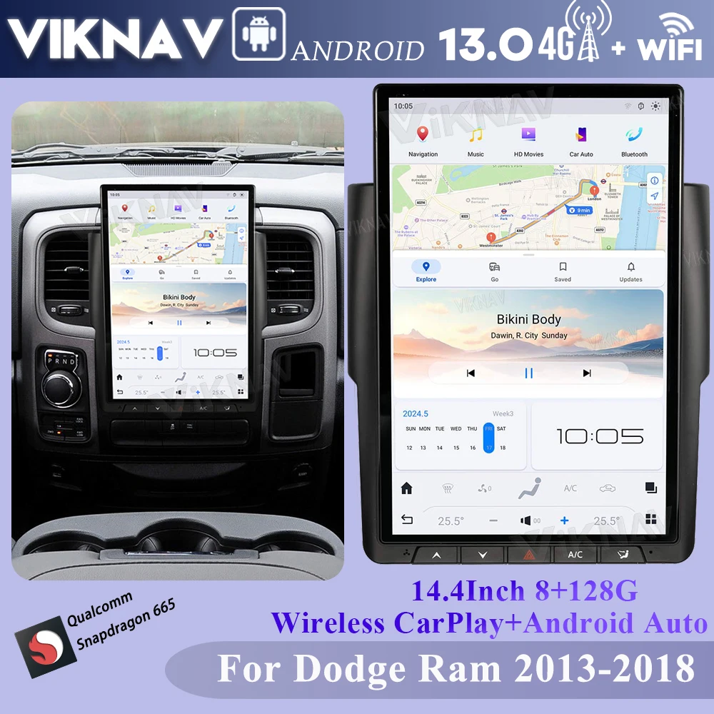 Viknav 14.4 Inch Touch Screen Car radio For Dodge RAM 2013-2018 Wireless Carplay Android Auto GPS Navigation Multimedia Player