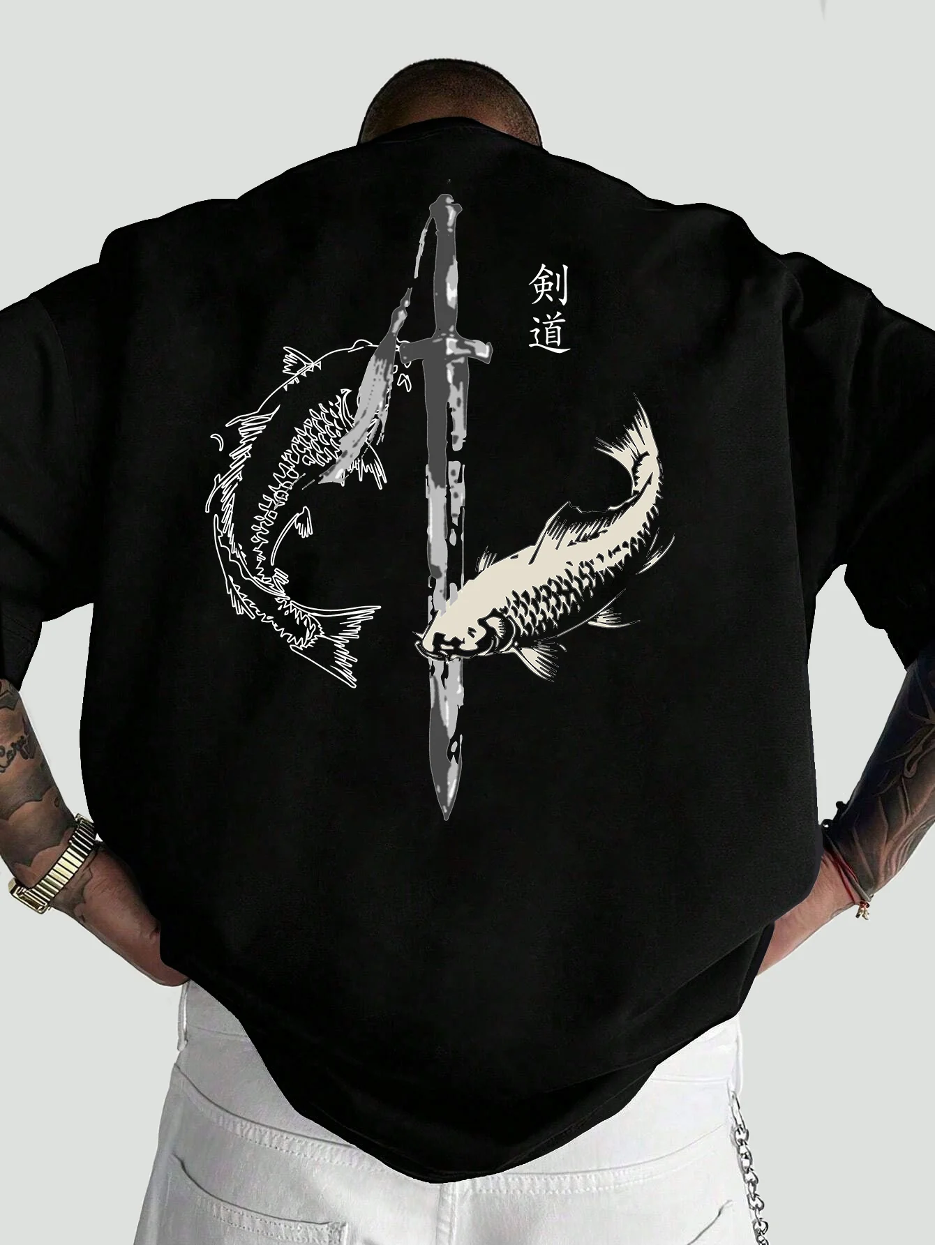 Men Oversized T Shirt Yin Yang Koi Fish Samurai Sword Kendo Kanji Back Print Crew Neck Short Sleeve Japanese Street Tee