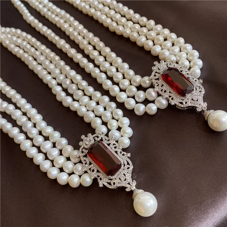 19\'\' 3 Rows 8-9mm Cultured Natural White Pearl  Silver Plated  Zircon Necklace And Bracelet  Set