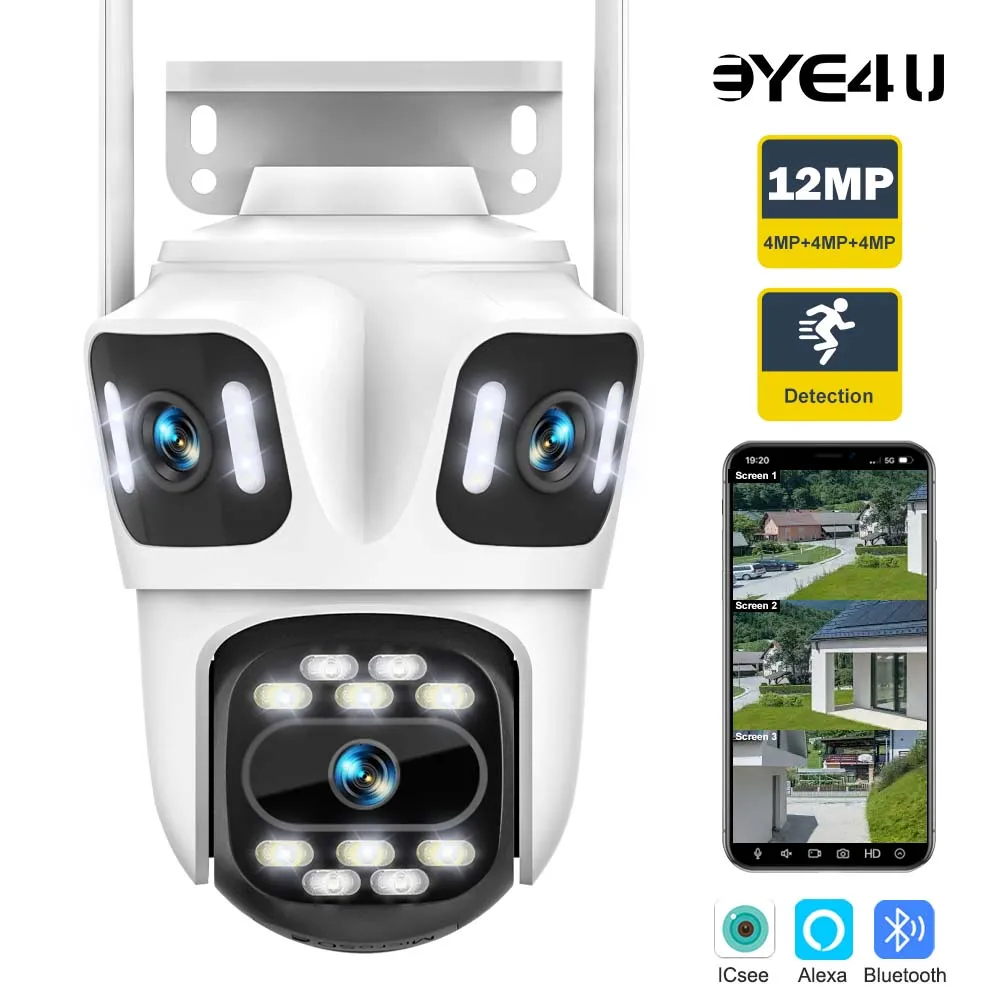 6K 12MP HD IP Camera WiFi Three Lens Three Screens PTZ Outdoor Security Cams Ai Auto Tracking CCTV Video Surveillance ICSEE P2P