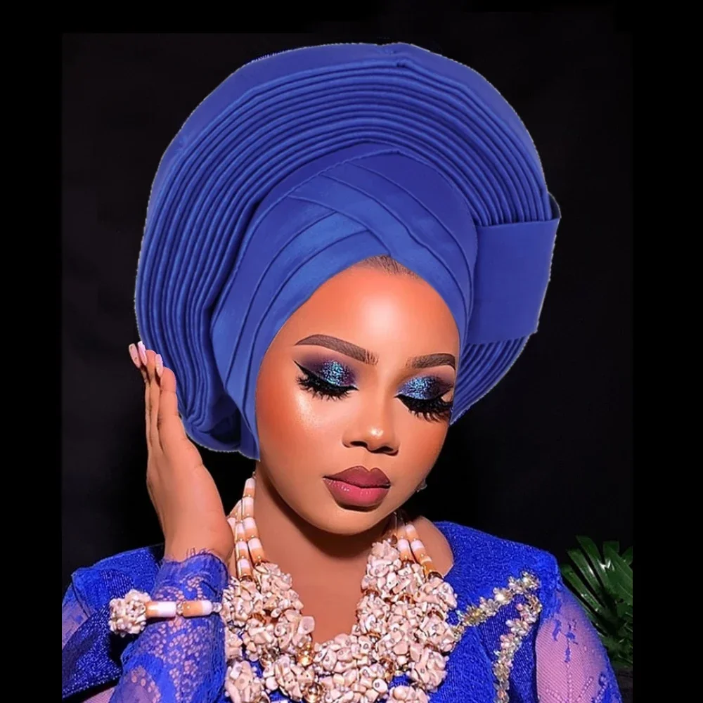 2024 الأفريقية السيارات Gele ربطة الرأس النساء قبعة عمامة الحرير الخام نيجيريا Autogele حفل زفاف Gele أغطية الرأس الإناث أشرطة رأس جاهزة