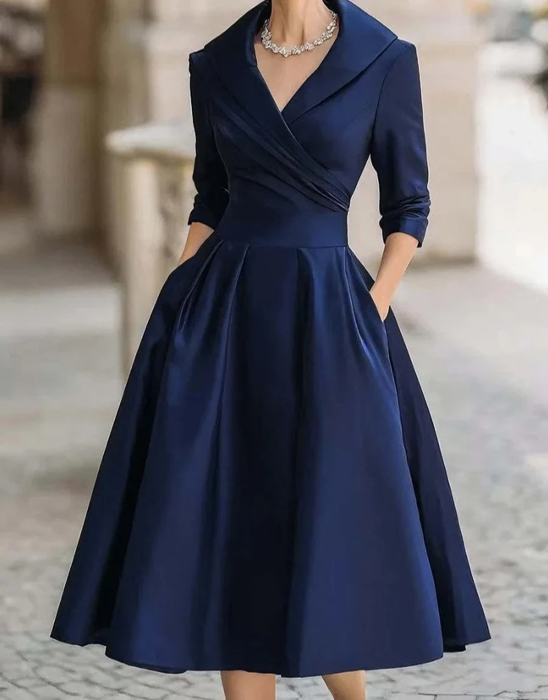 여성용 패셔너블한 출퇴근용 라펠 크로스 플리츠 허리 A라인 원피스