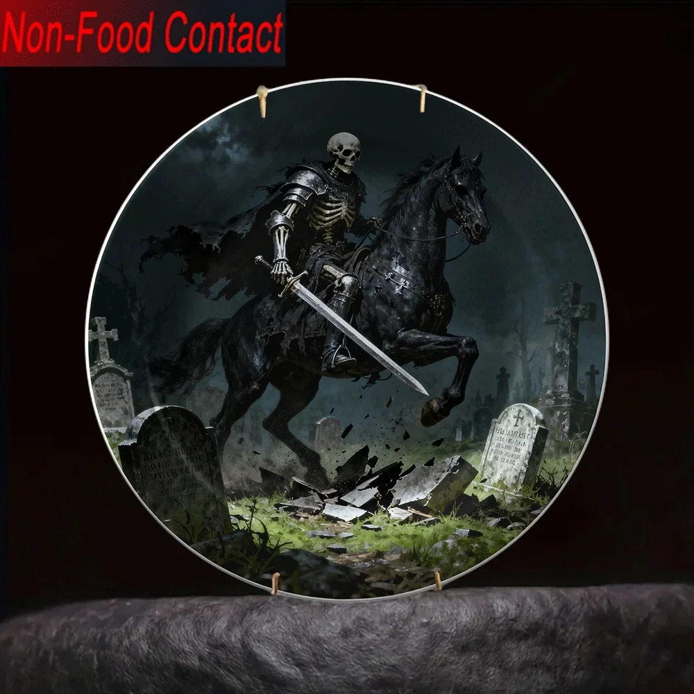 2D Flat, 1pc Gothic Medieval Knight on Horseback Ceramic Decorative Plate - Dark Fantasy Round Wall Art with Skull Rider,