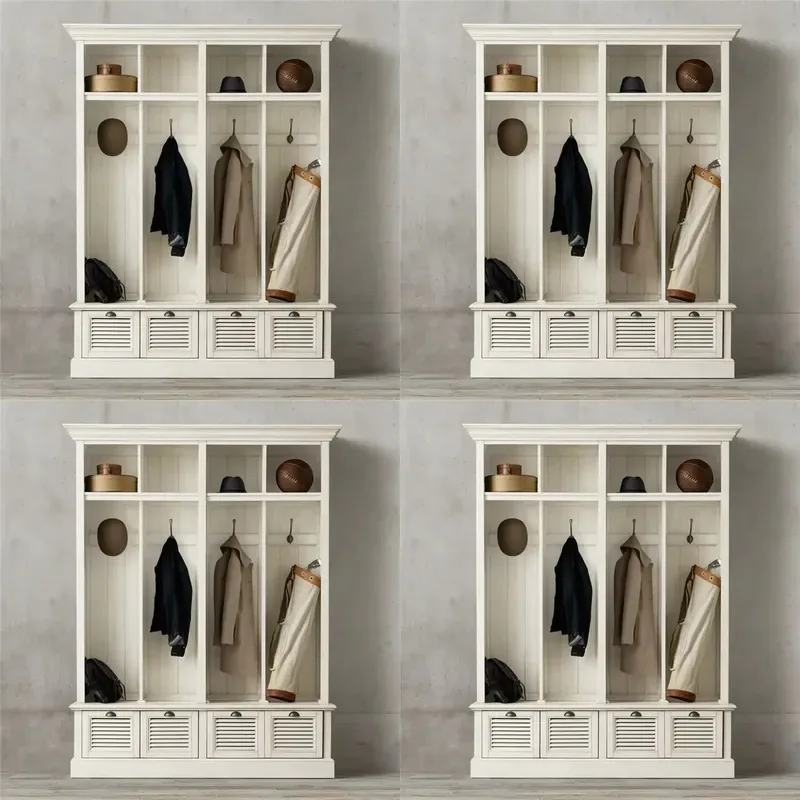 White wooden porch coat rack with 4 drawers and hooks