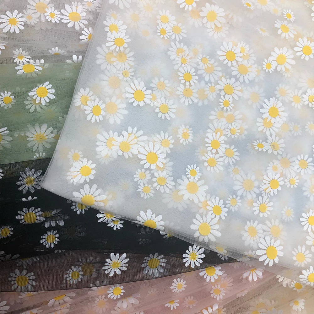 59in x 35in Daisy Printing Tulle Fabric for Girl Summer Princess Dress Handmade DIY for Curtain Garment Wedding Stage Decoration