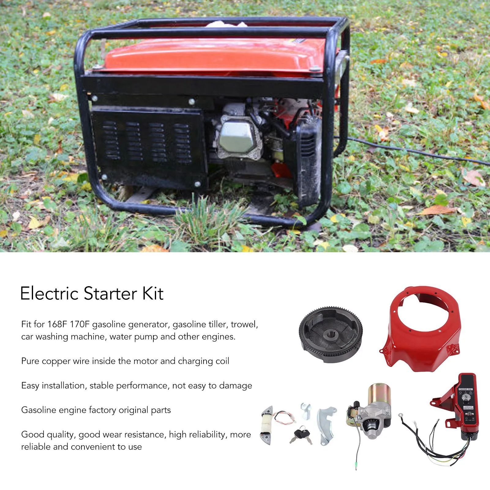 

Starter Motor Kit Key Box Flywheel Electric Starter Kit Pure Copper Coil for Water Pump for Gasoline Generator for 168F 170F