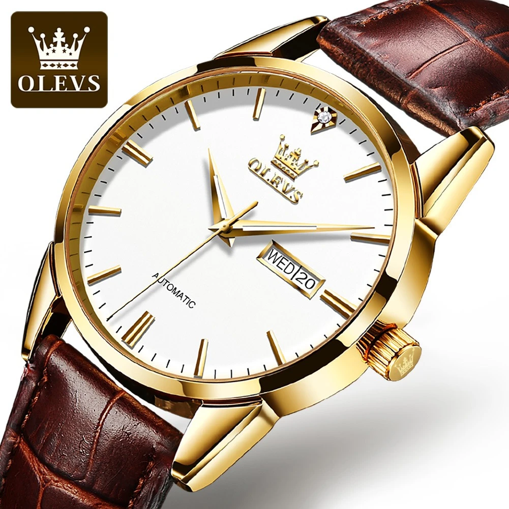 

OLEVS 6629 Business Mechanical Watch Genuine Leather Watchband Round-dial Week Display Calendar Luminous