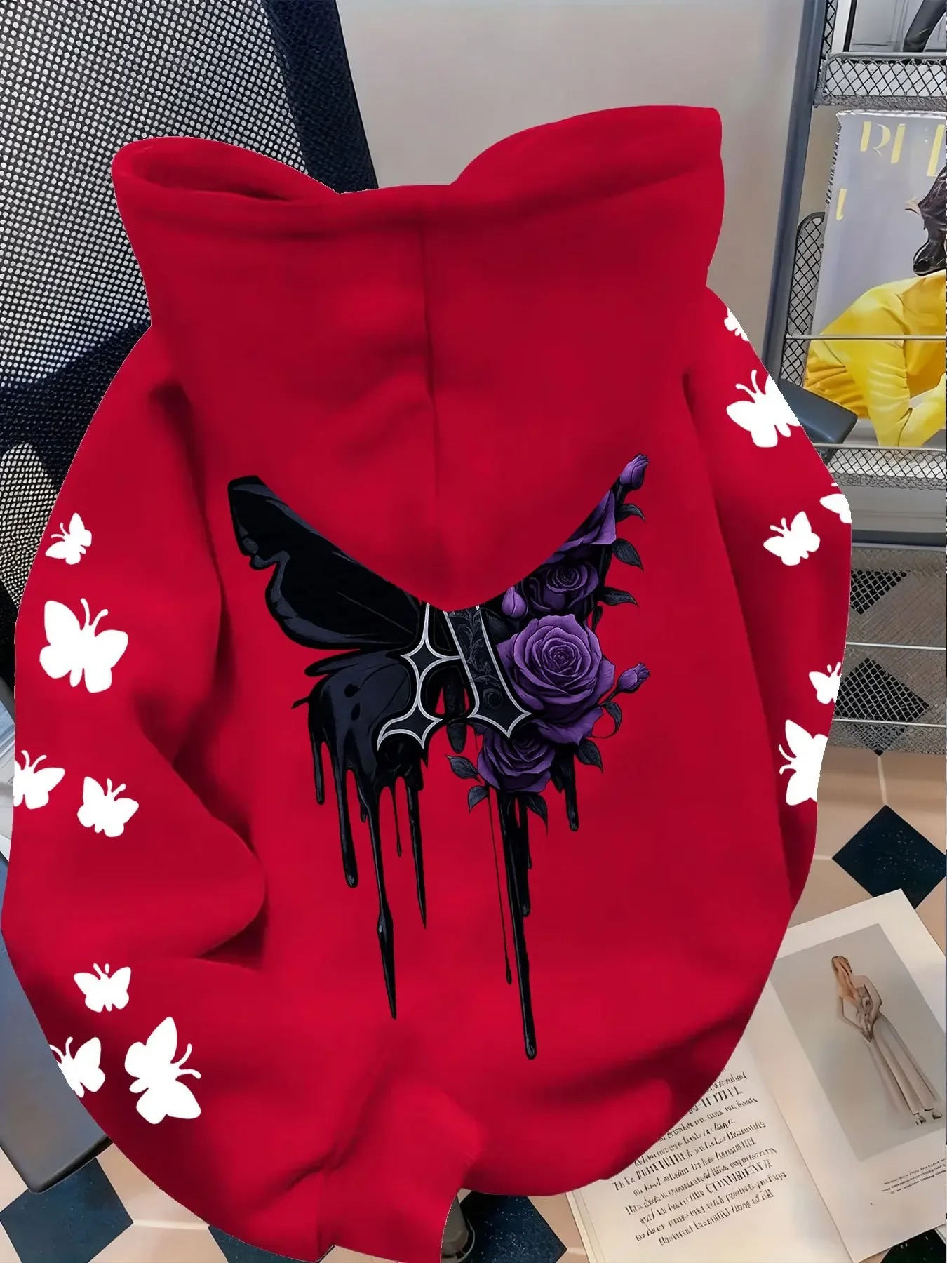 Herren Gothic Hoodie Lila Rose Schwarzer Schmetterling Drip Ästhetischer Grafikdruck Locker Sitzender Vintage Streetwear Pullover Sweatshirt – Detail 10