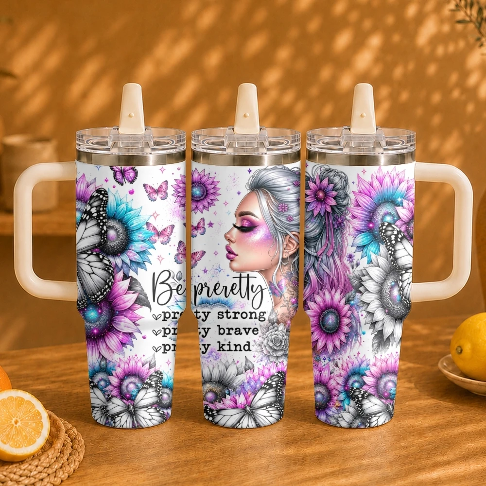 Art A girl with heavy makeup Vacuum Flasks 40oz Vacuum Insulated Travel Mug - Stainless Steel Straw Cup Lid