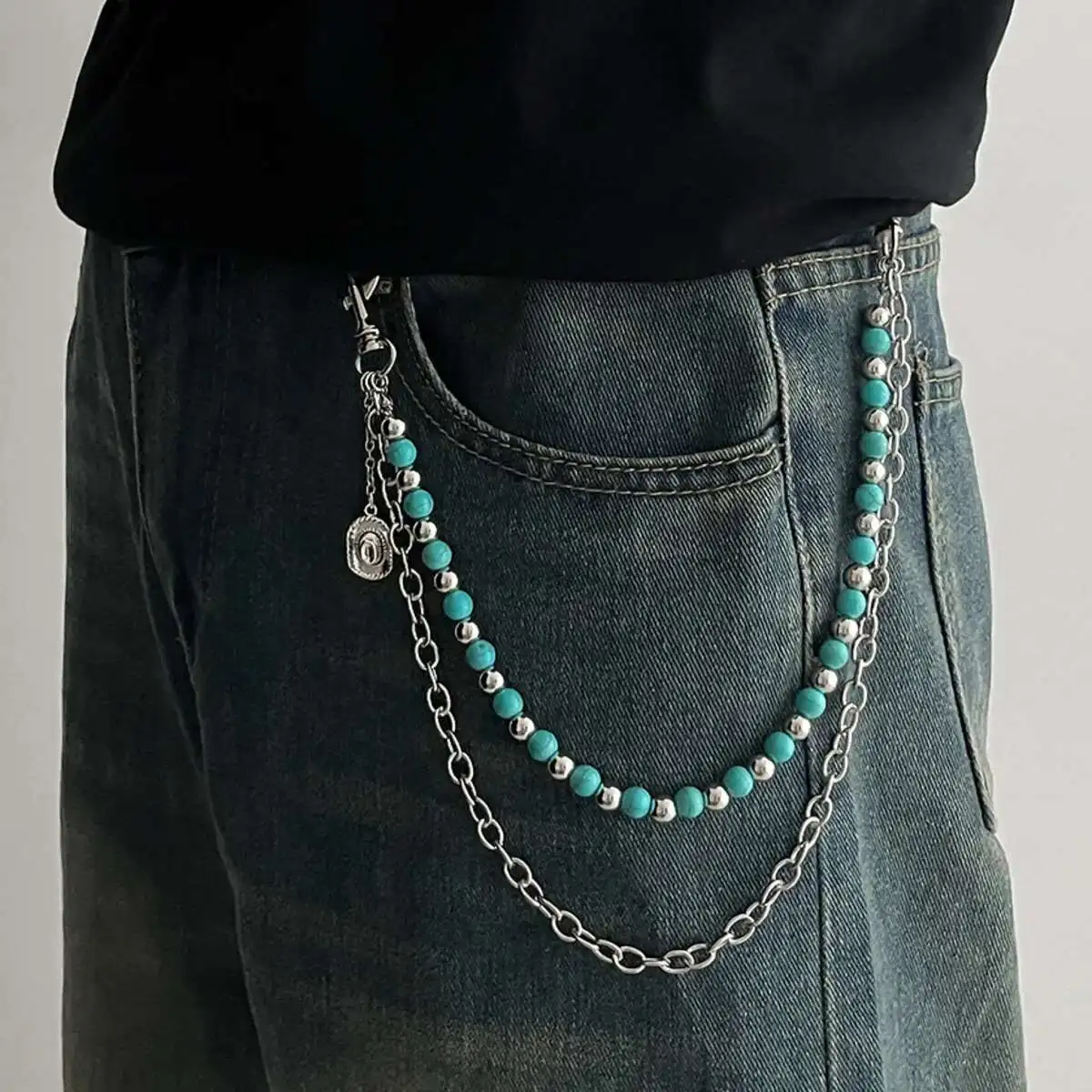 Salircon Punk Blau Stein Perle Taille Jeans Anhänger Kette Für Männer Frauen Hip-hop Hosen Schlüsselanhänger Y2K Zubehör Schmuck geschenke