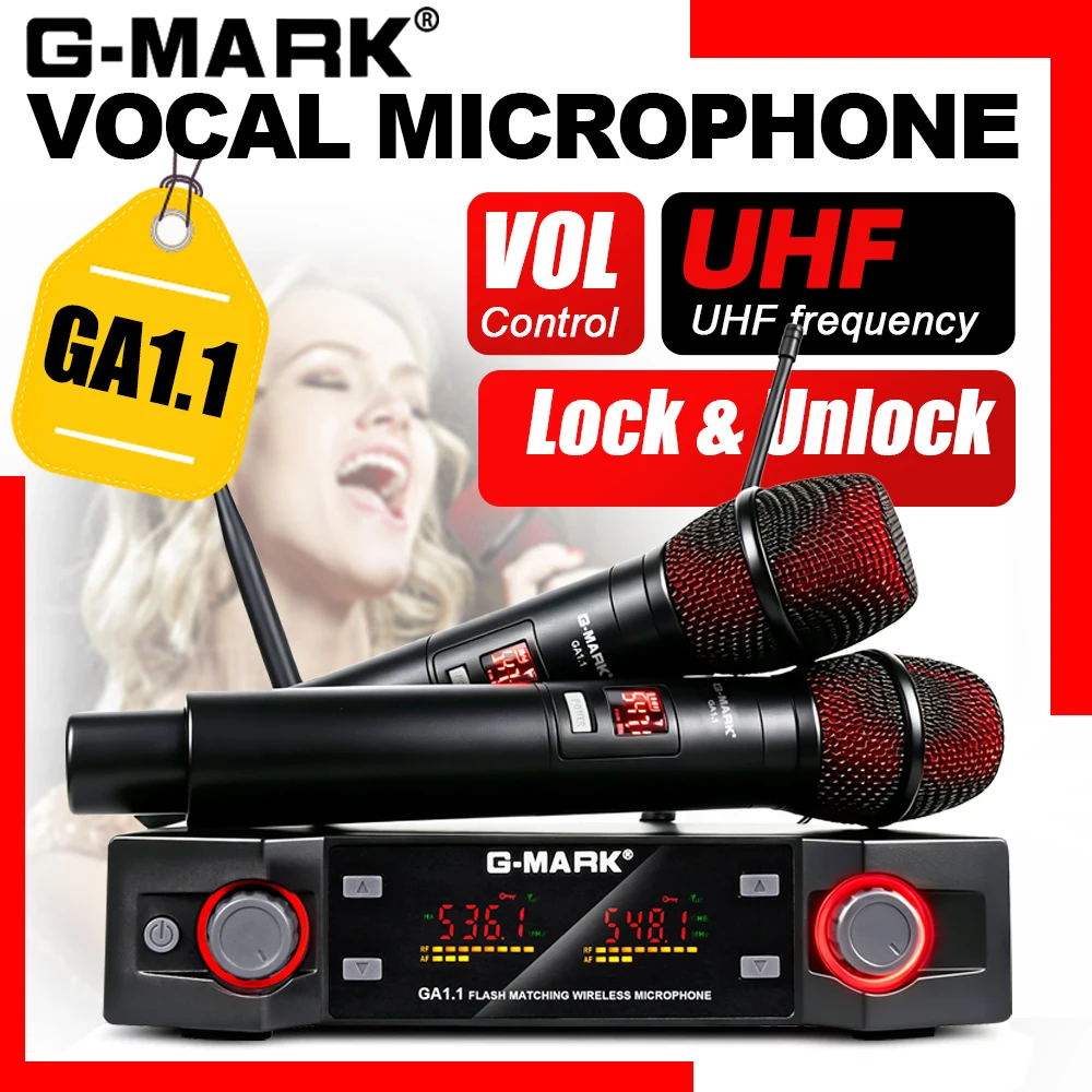 G-MARK GA1.1 Professional Dual UHF Wireless Microphones Cordless Dynamic Handheld Mic for Karaoke Singing Meetings Parties Churc