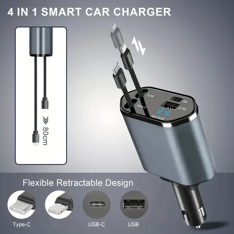 Car Charger with Retractable Cables, Built-In USB Ports, Supports Smart Fast Charging, Rotatable Base, Charges Up to 4 Devices