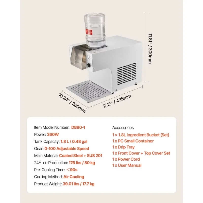 176Pm/24h Stainless Steel Blade  Ice Shaver Snowflake Ice Maker and Food Grinder  Snow Cone Machine