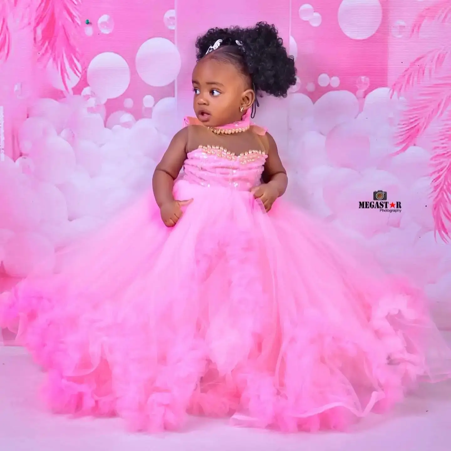 Pink Pearls Flower Girl Dresses Customized Ruffles Baby Ball Gown First Communion Dress Birthday Photos Shoot Gowns for Party