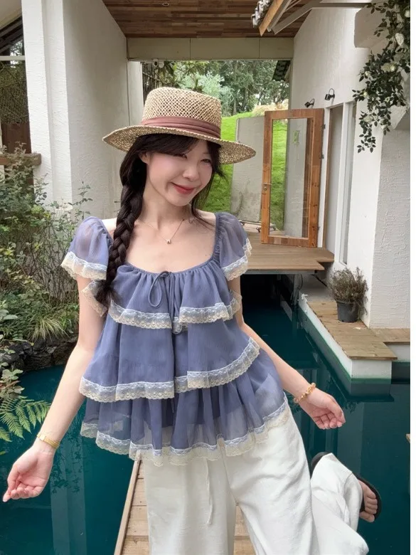 

plus Size Women's Lace Trim Blouse Summer New Style Waist Cinched Elegant Fashionable Short Sleeve Korean Version Office Style