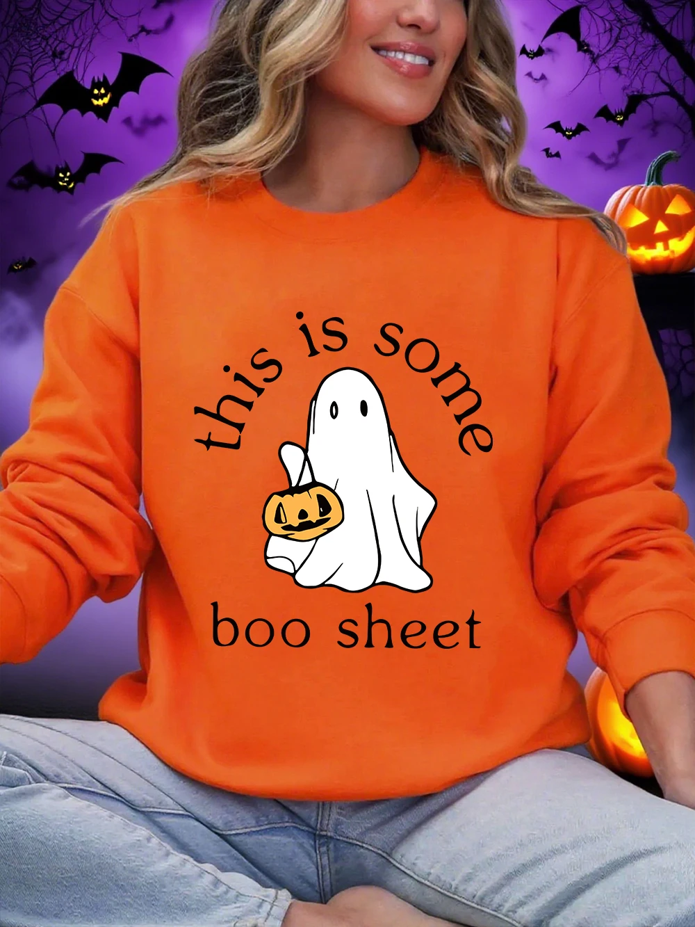 Хэллоуин Some Boo Sheet Ghost Prints Толстовки Женские зимние флисовые теплые толстовки с круглым вырезом Свободная одежда Базовые спортивные пуловеры Хэллоуин Some Boo Sheet Ghost Prints Толстовки Женские зимние флисовые теплые толстовки с круглым вырезом Свободная одежда Базовые спортивные пуловеры