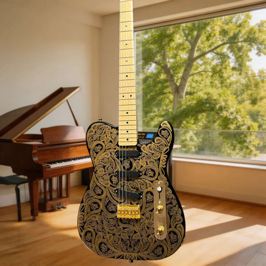 Elegante Goldmuster-Dekoration E-Gitarre TLE Erlenholz-Korpus Ahorn-Griffbrett Geschenk Fester Tremolo-Korpus Kompakter Korpus