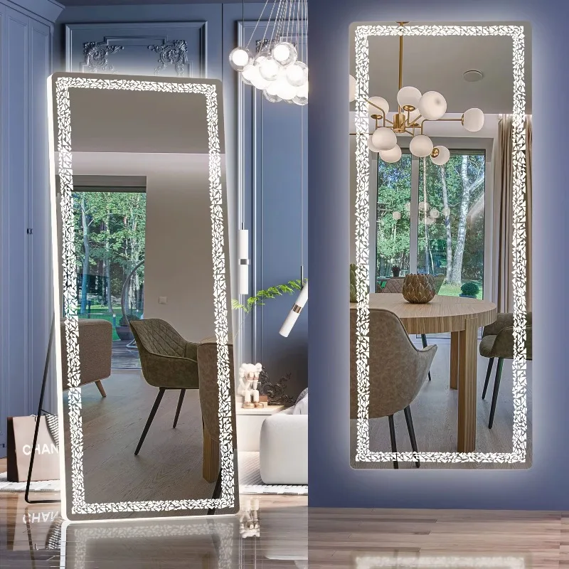 3 Color Modes LED Floor Mirror  Standing Modern Rectangular Salon Mirror with Illuminated Big Bath Mirrors Decor Wall