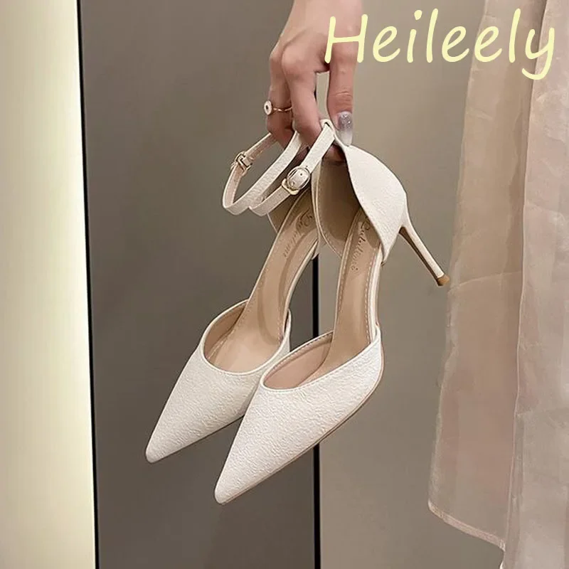 

10cm New Fashion Sandals Pointed Toe Leather High Heels Ankle Belt Beige Women Shoes 40 41