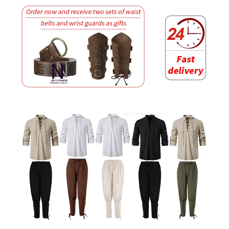 

Men's Retro Vintage Medieval Renaissance Pirate Cosplay Costume - Pants, Shirt, Waist Belt & Arm Guards for Halloween