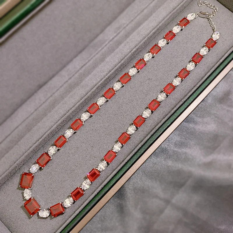 

Trendy Ruby Diamond Chocker Necklace 100% Real 925 Sterling Silver Party Wedding Pendants Necklaces for Women Jewelry