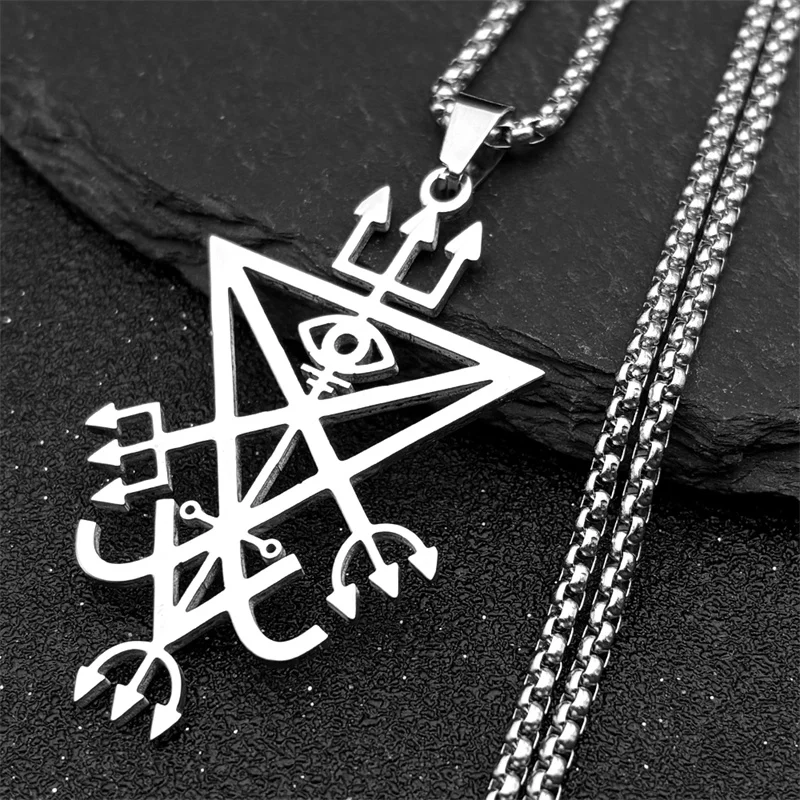 Collar de Acero Inoxidable con Sello del Tridente de la Iglesia de Satanás, Sello de Lucifer LaVey, Ojo del Diablo Oculto, Color Plateado, Joyería