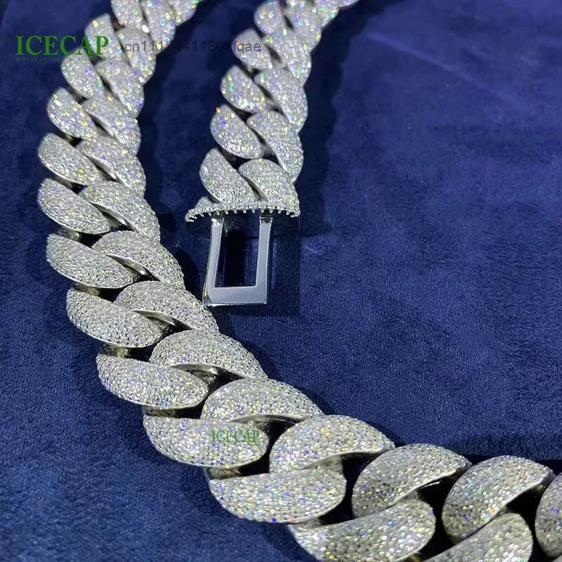 18mm 20mm 5Row Moissanite Diamond Tester VVS1 Miami Cuban Link Chain 925 Sterling Silver Necklace with White Gold Finish.