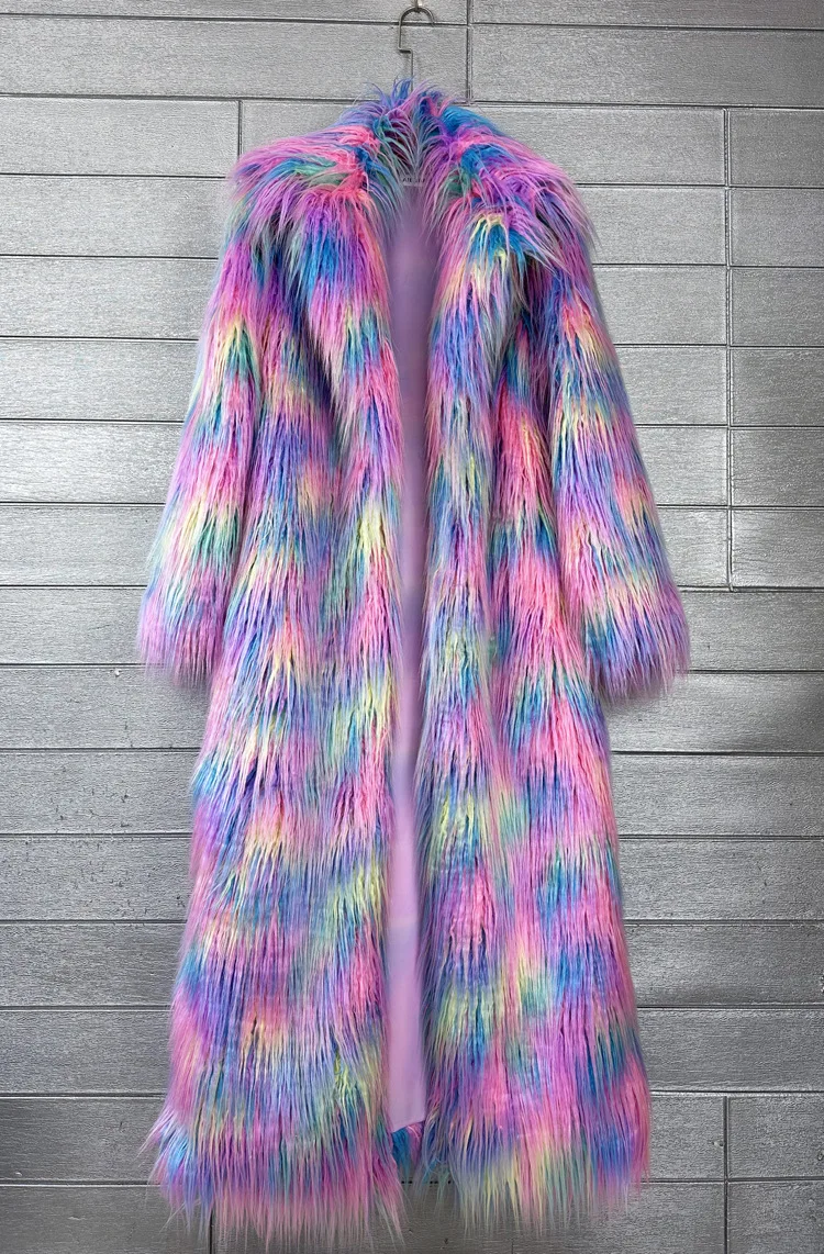 DEAT 2026 Winter New Items Imitation Colorful Long Coat For Women Faux Fur Suit Collar Long Sleeve Trench Jacket Female 11A05577