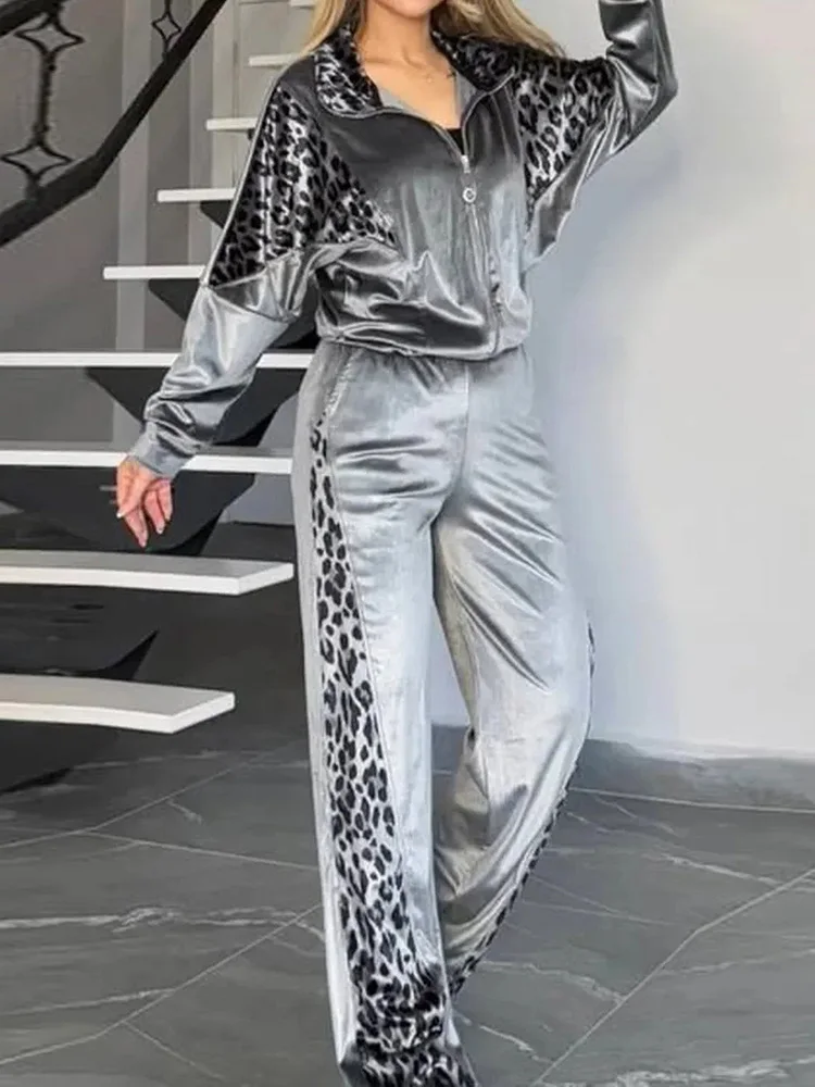 Straight Pants Cardigan Top 2PCS Sets, Women Spring Summer Simple Leopard Patchwork Outfit, 2025 Holiday Loungewear Ladies Suits