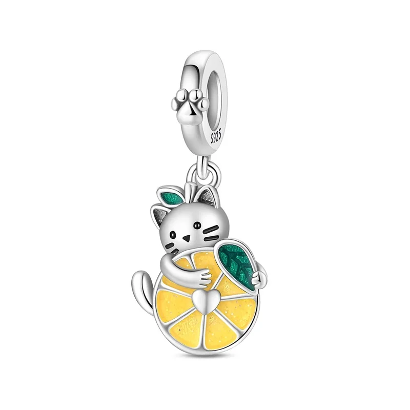 

925 Sterling Silver Lemon Cat Charms Beads CZ Zircon Dangle Fit Original Bracelet DIY For Women Birthday Cute Pet Jewelry Gifts
