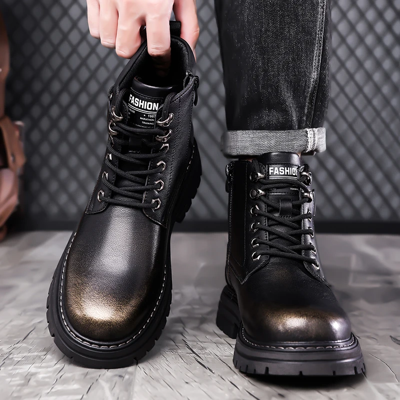 Top Quality Designer Vintage Leather For Men Boots Business Fashion Genuine Leather Men Boots Lace Up Outdoor Motorcycle Boots image 4