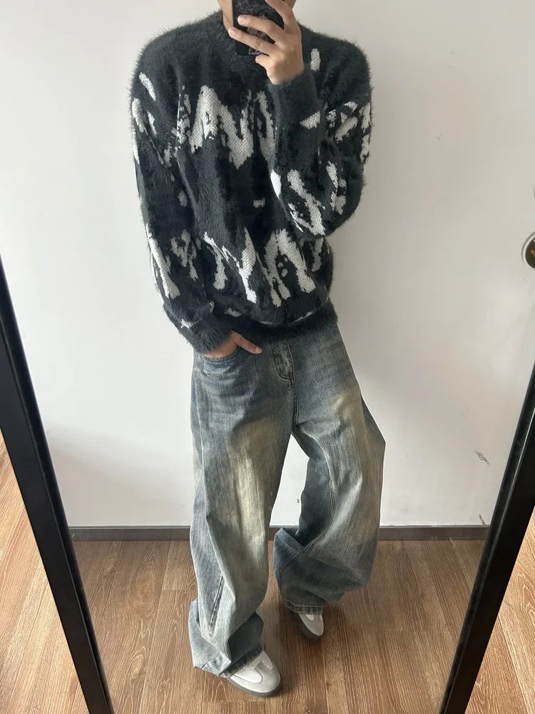 

Ретро-свитер в американском уличном стиле с эффектом тай-дай, мужской свободный базовый свитер, осенне-зимняя новинка, из полиэфирного волокна, с длинными рукавами