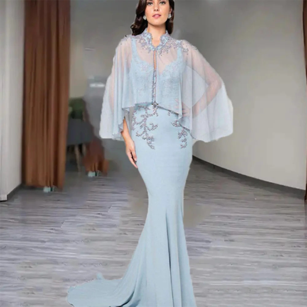 2025 Mother of the Bride Dresses Blue Sweetheart Spaghetti Strap Cloak Trumpet Floor Length Beaded Women Banquet Prom Gowns