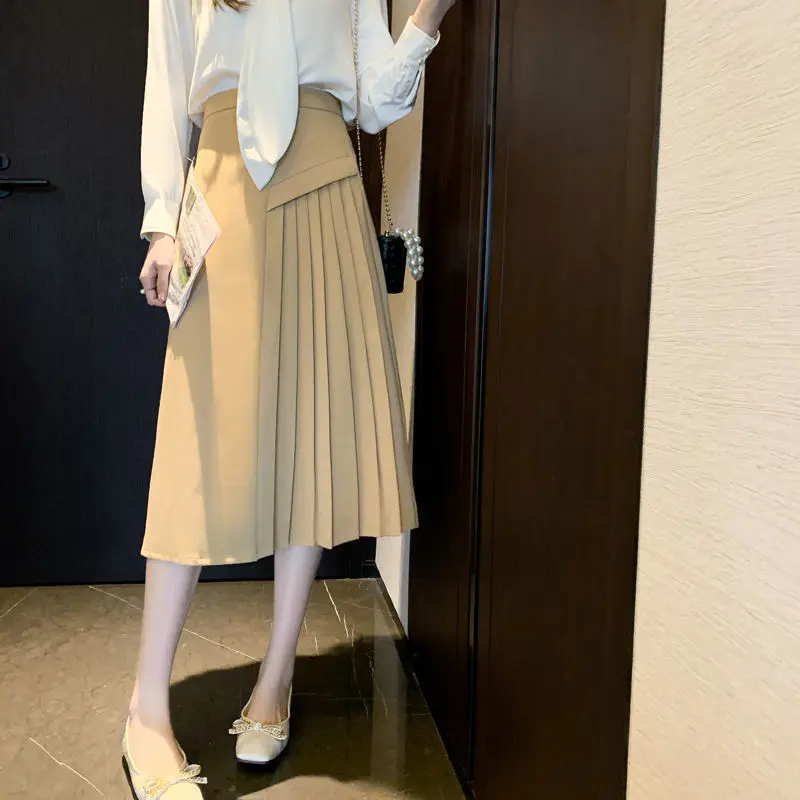 

Spring Irregular Sashes Mid Calf Women Pleated Skirt Khaki Pleated Skirt Vintage High Waist Casual Skirts Female New